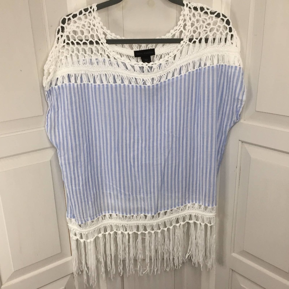 Steve Madden Blue & White Cotton Striped Fringed Top/ Cover up